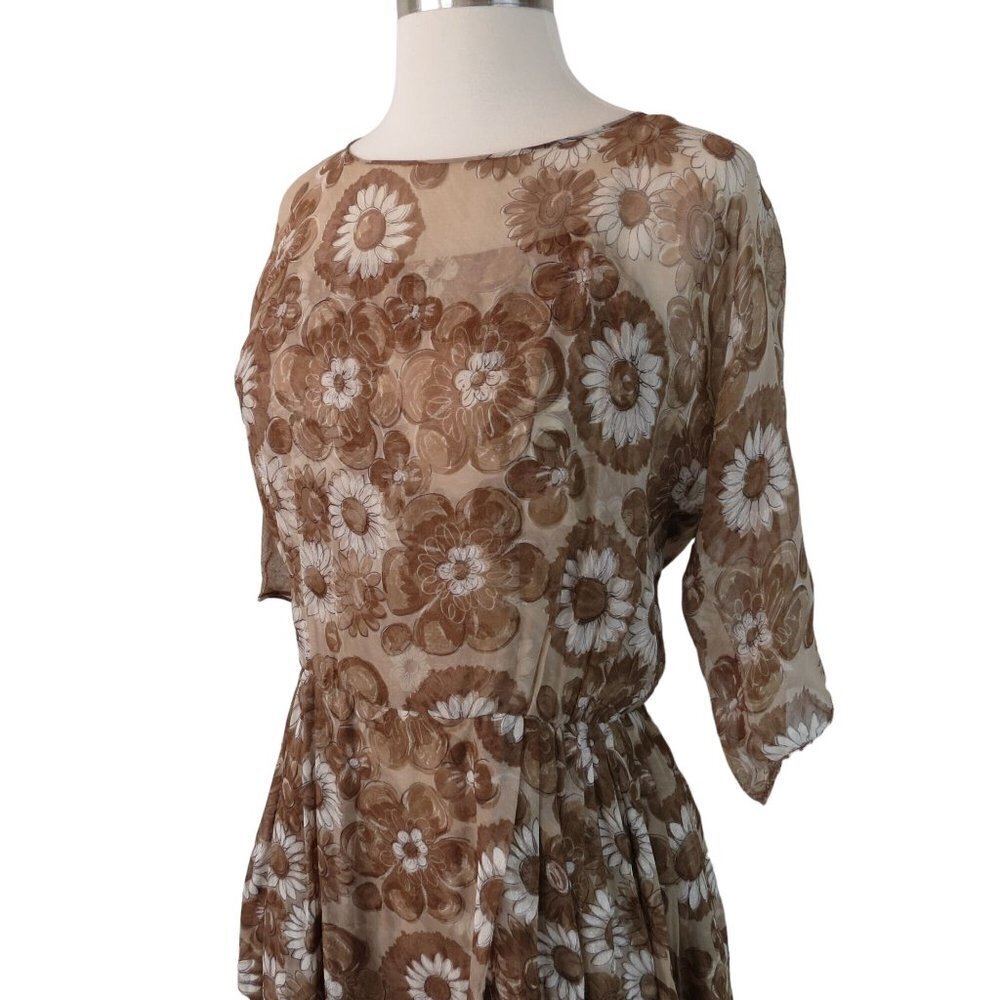 Vintage 1960s Women's Brown Daisy Floral Chiffon Fit & Flare Dress - Picture 6 of 11
